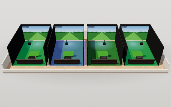 Captura real del visor 3D: el simulador de golf con sus bahías