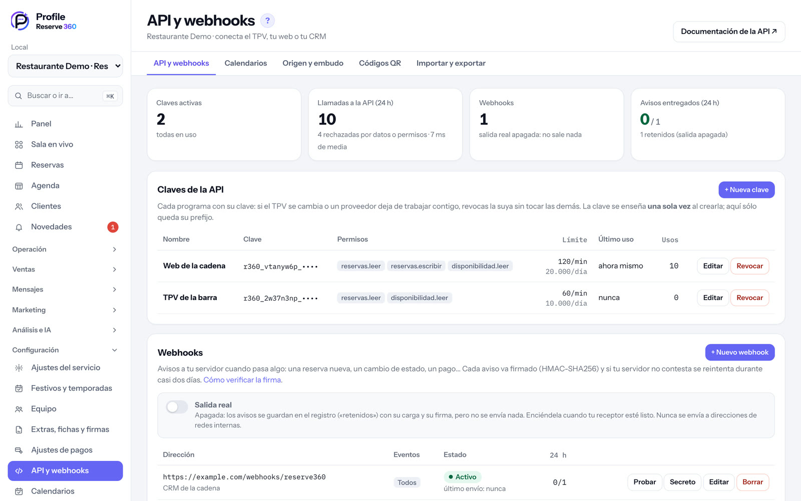 API y webhooks: claves, llamadas y avisos