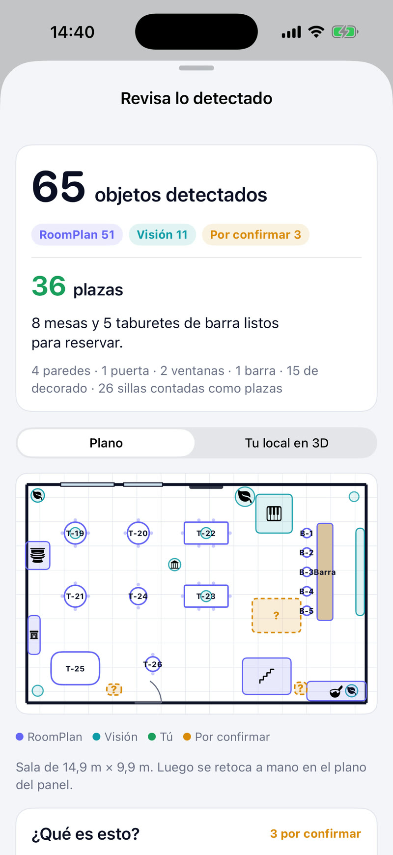 La revisión en el iPhone: 65 objetos detectados, 36 plazas listas