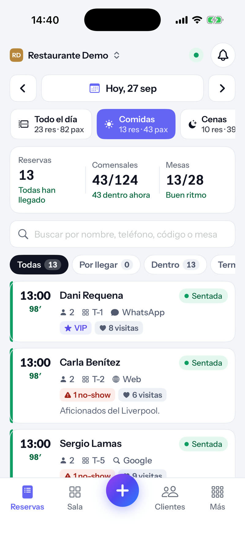Reservas del día en el iPhone