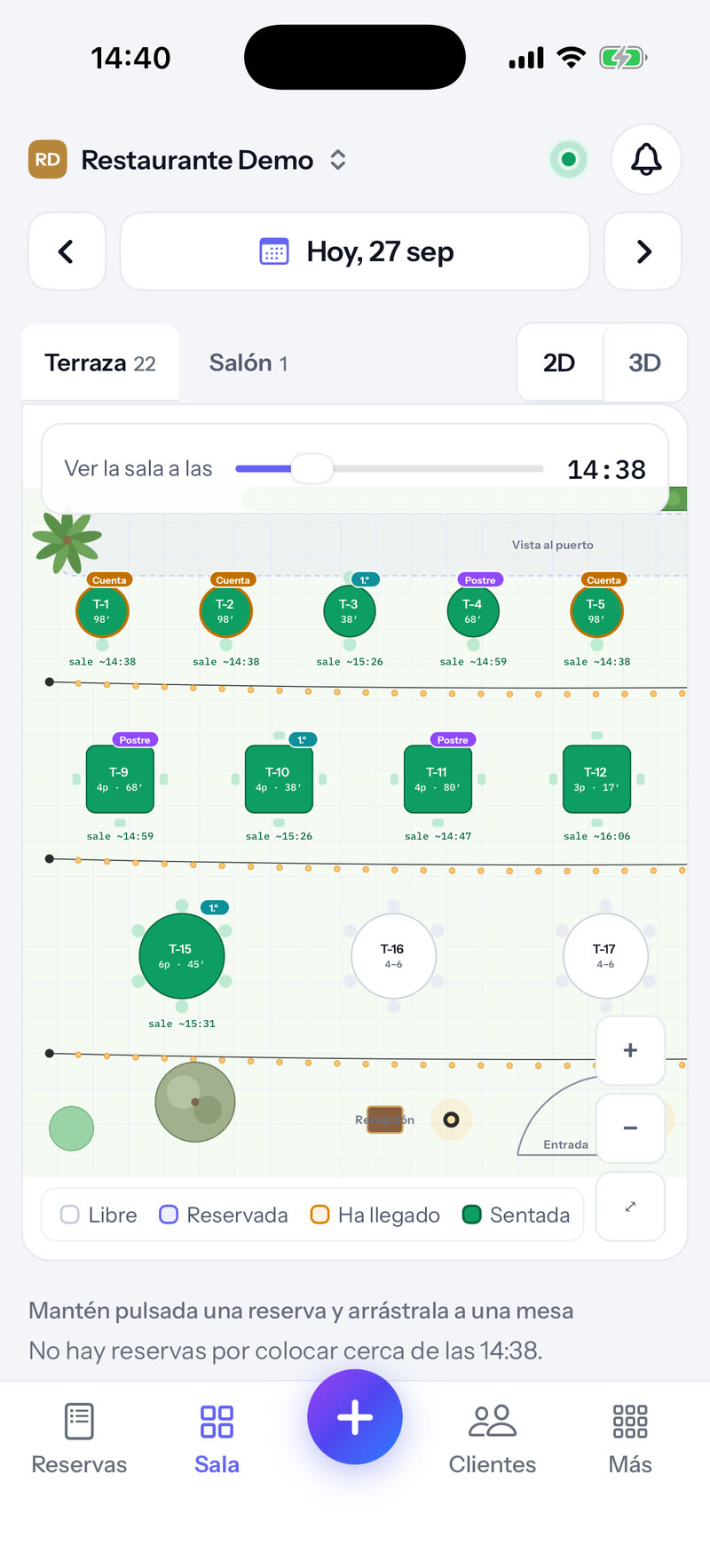 La sala en el iPhone: arrastra una reserva a una mesa