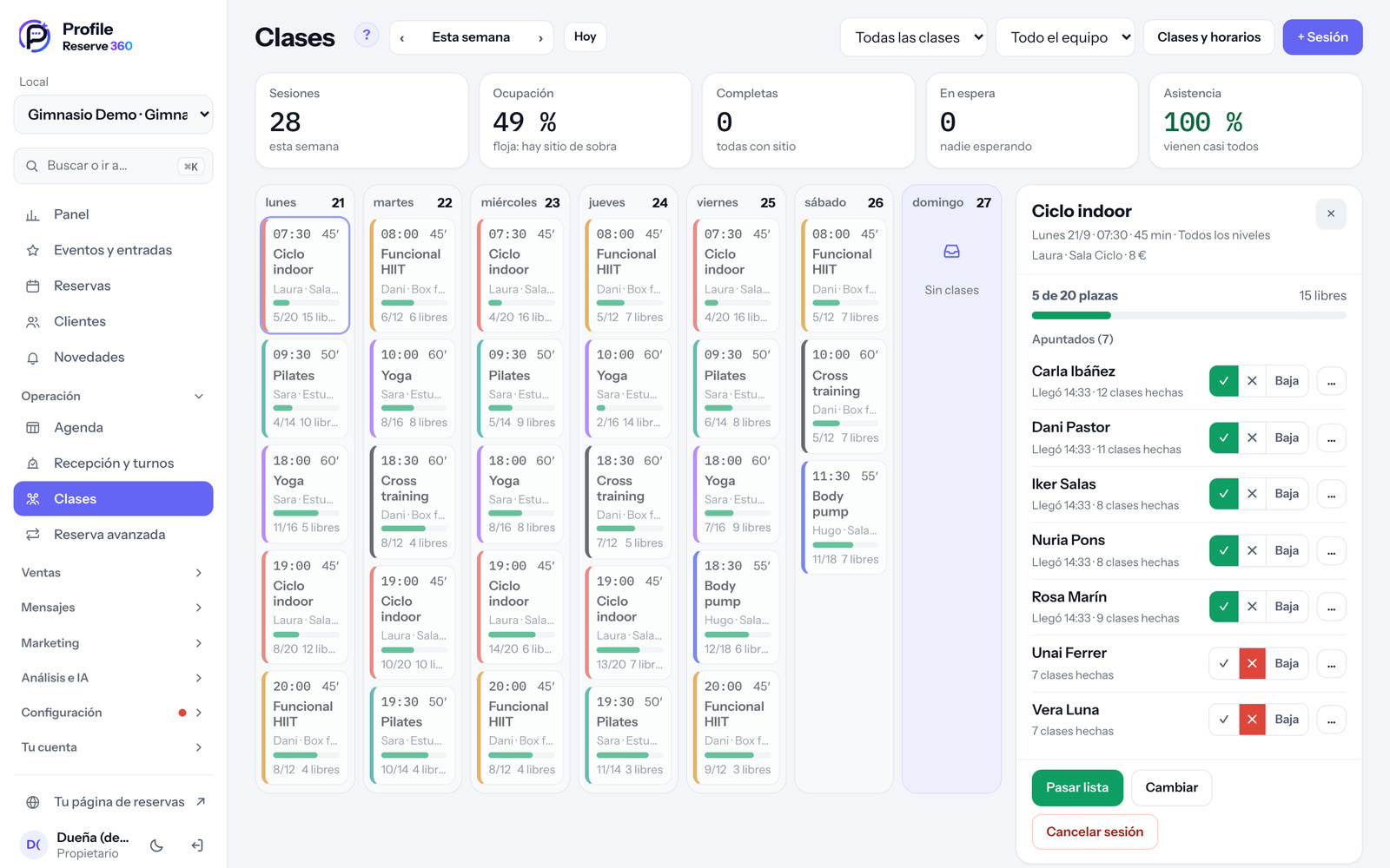 Clases: la semana y el detalle de una sesión