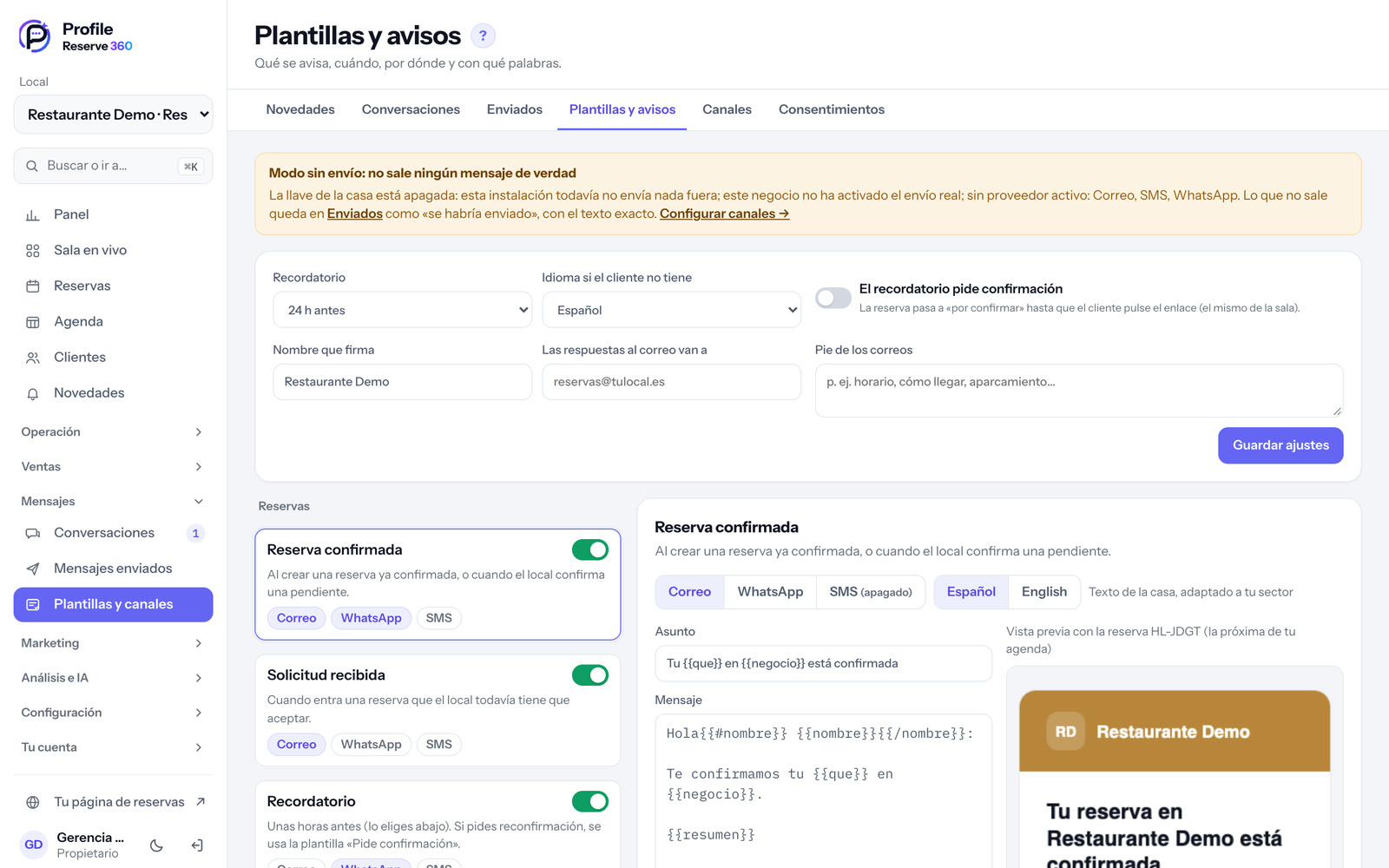 Plantillas y avisos: recordatorio, idioma y textos