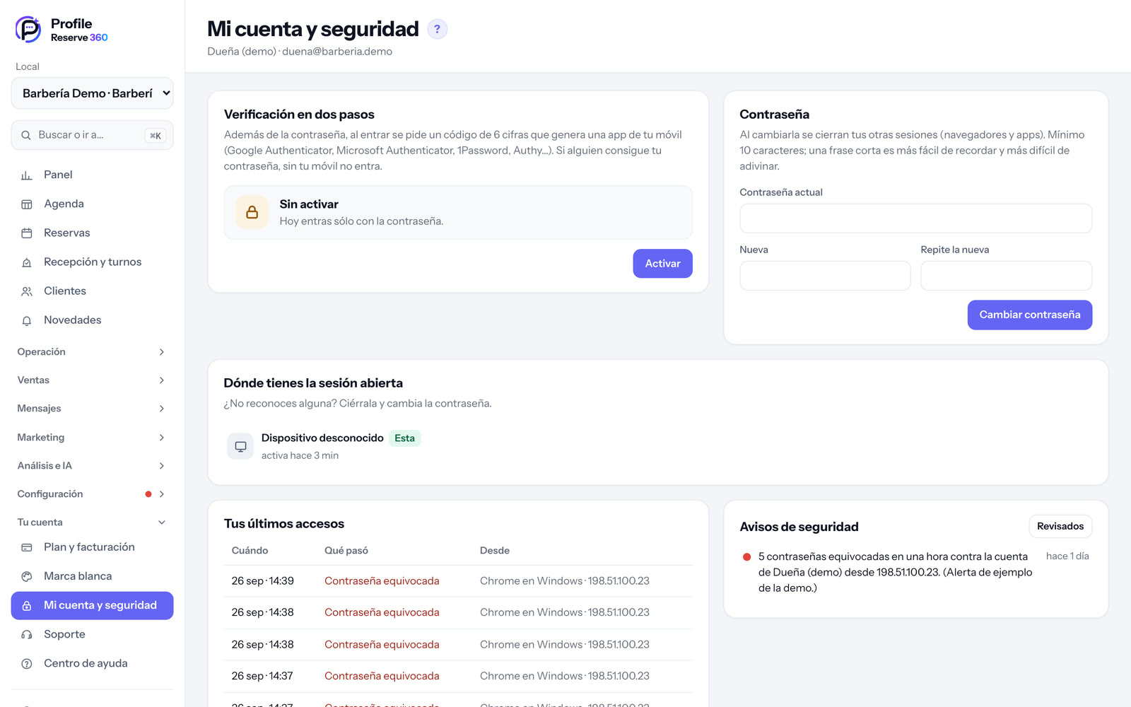 Mi cuenta y seguridad: dos pasos, contraseña y sesiones
