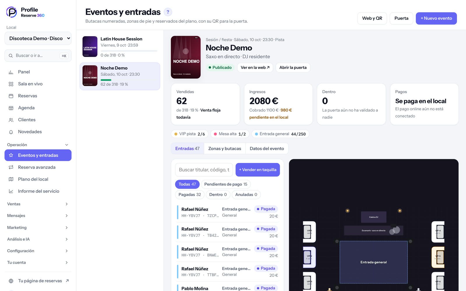 Un evento de discoteca con sus zonas y la venta