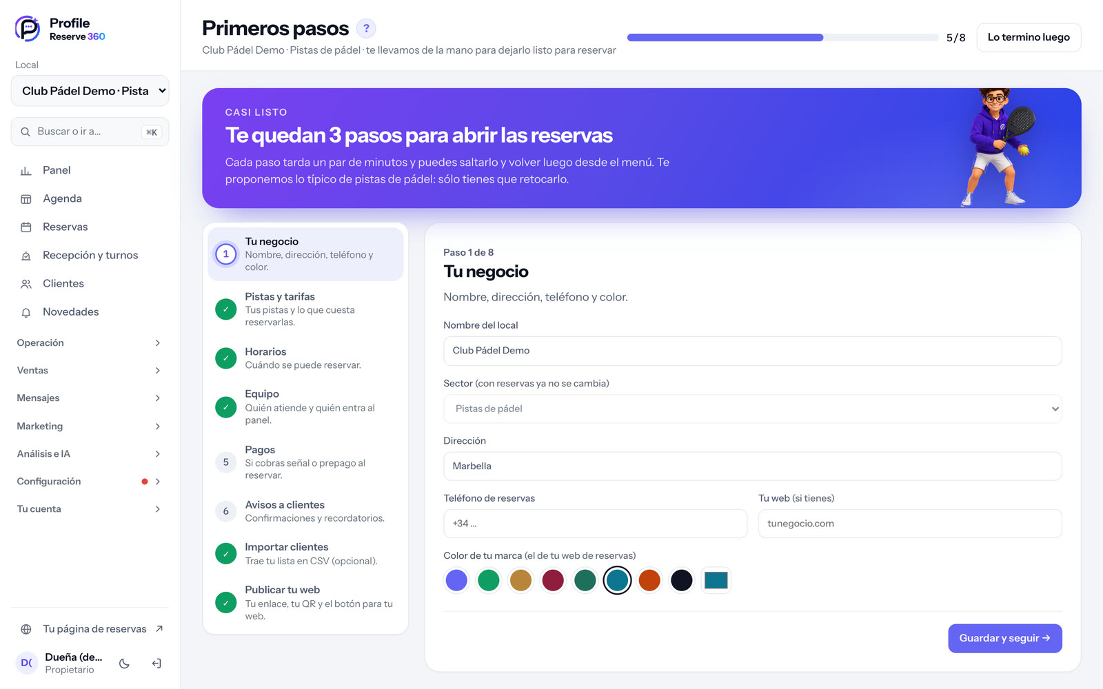 The getting-started assistant, with completed steps ticked