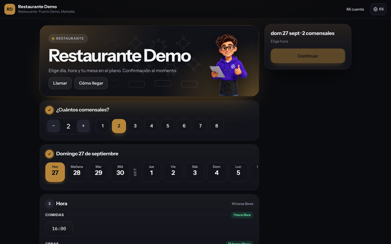La página de reservas de un restaurante
