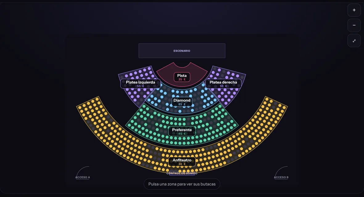 El mapa de butacas de un concierto (captura real de la web de venta con datos de demostración)