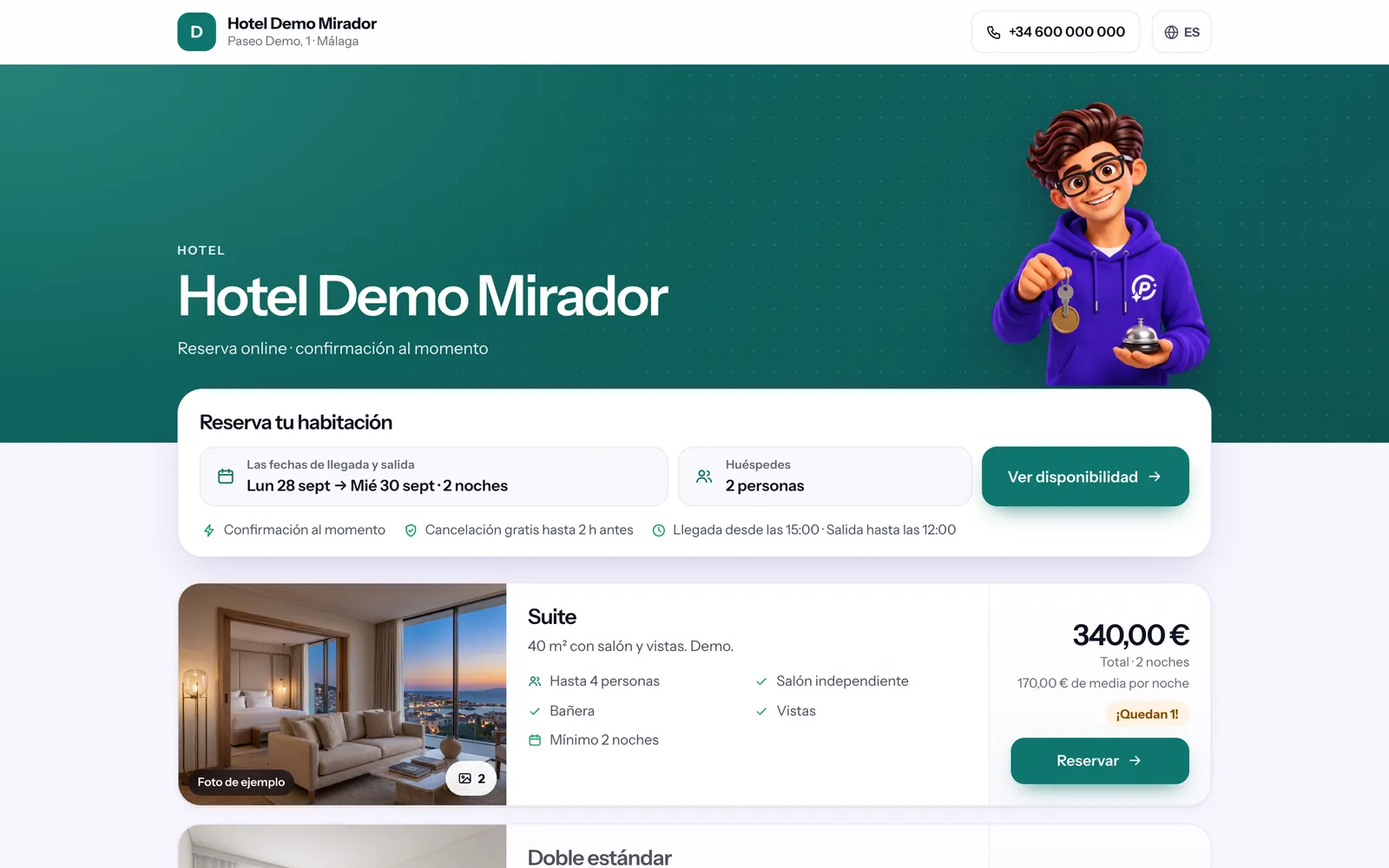 La reserva por fechas en la web del hotel (captura real con datos de demostración)