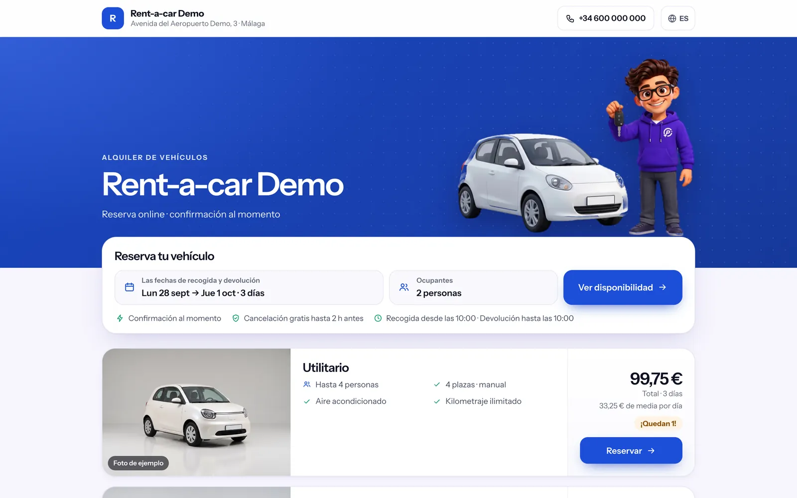 La reserva por días en la web del rent-a-car (captura real con datos de demostración)